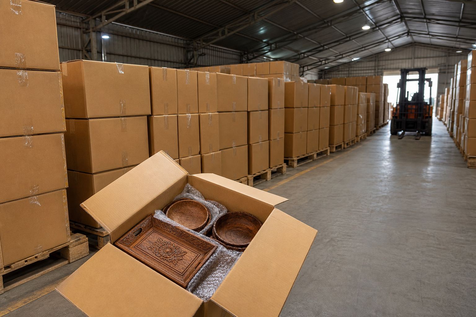 Palletized cartons of Indian wooden handicrafts staged in a dry export warehouse with open sample carton of wood trays