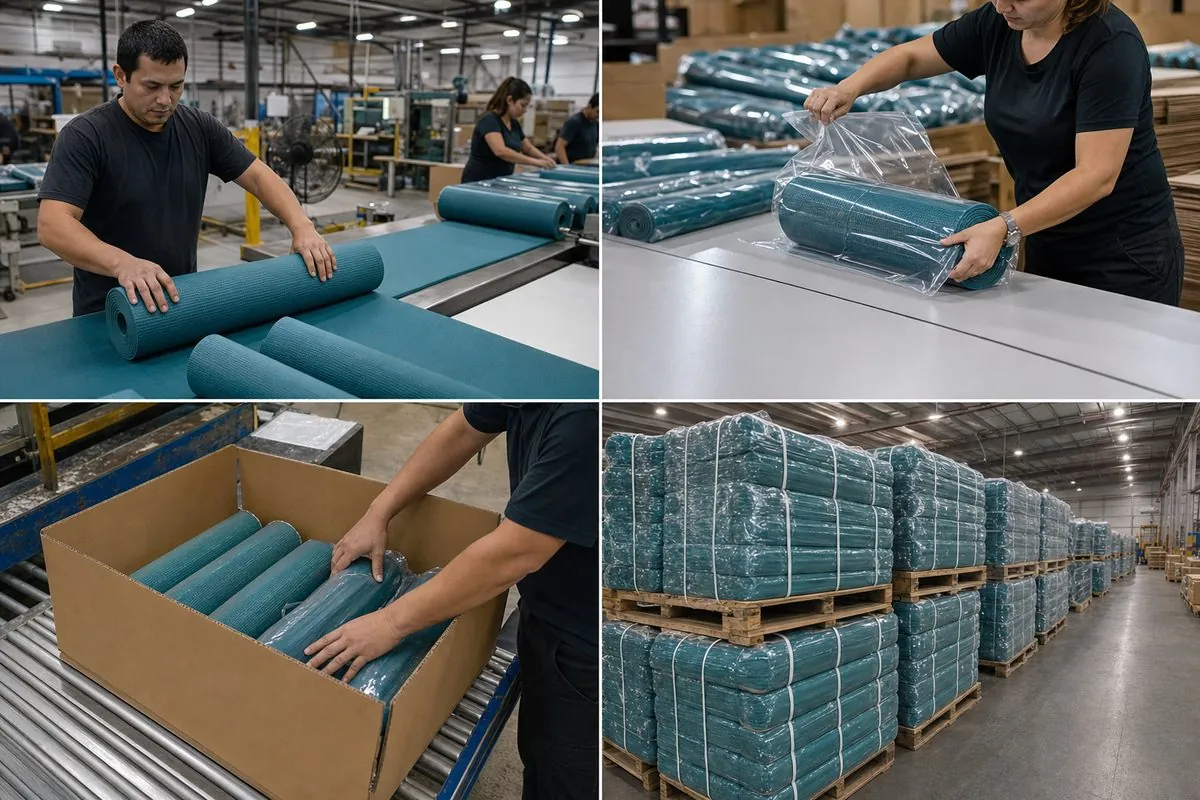 Workers packing rolled Indian yoga mats into poly bags and corrugated master cartons for export