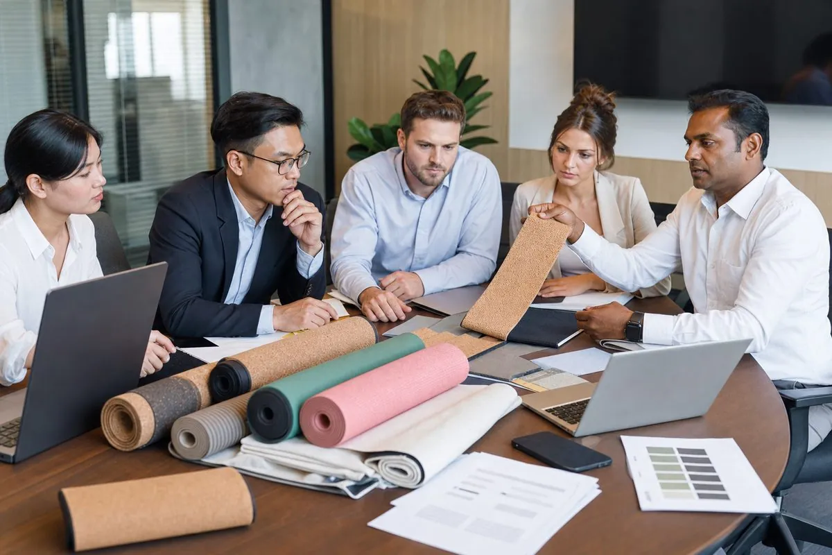 International buyers reviewing Indian yoga mat samples and export specification sheets with a sourcing partner
