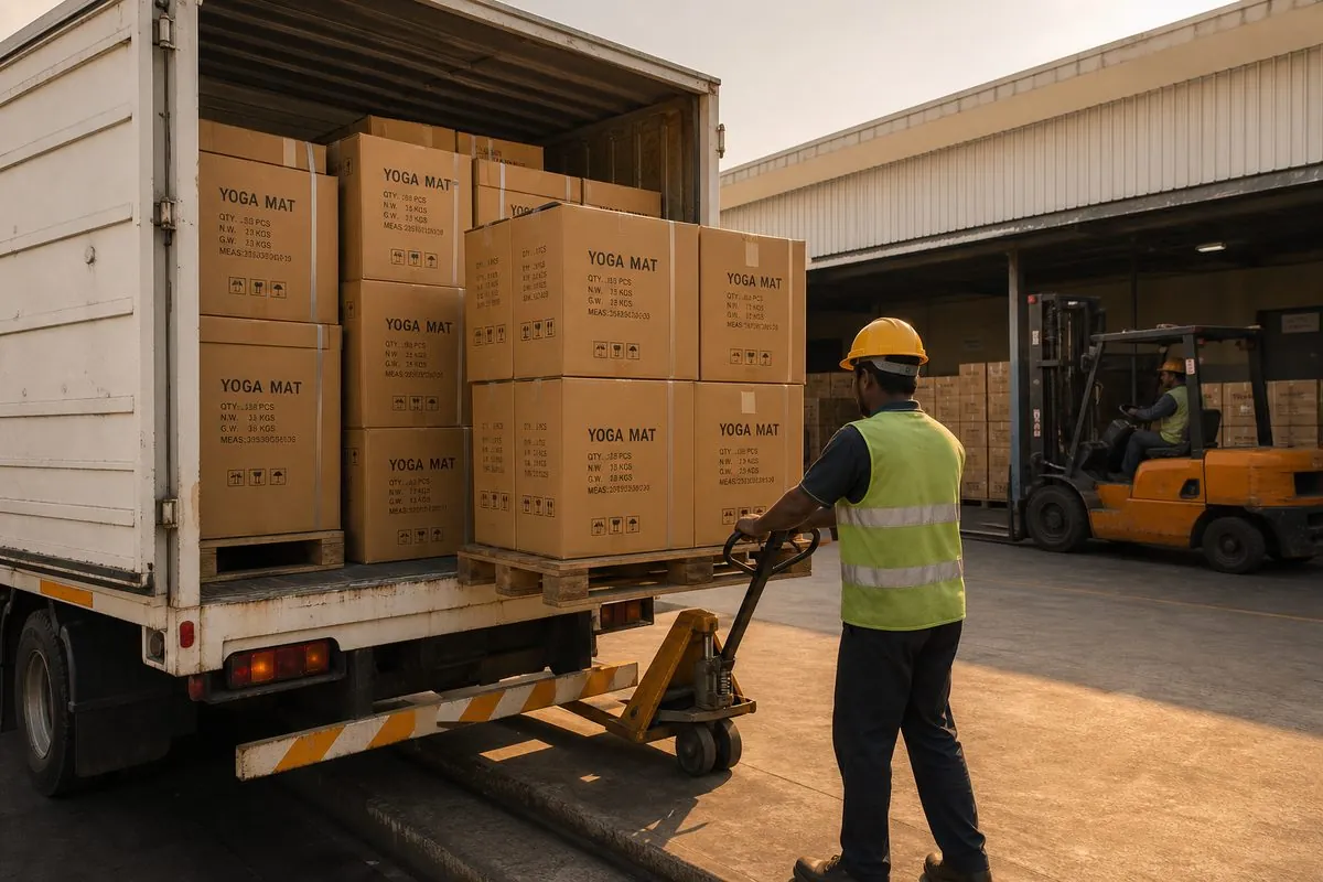 Workers loading palletized cartons of Indian yoga mats onto a truck at an export warehouse dock