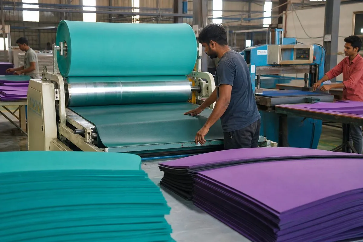 Workers laminating TPE foam sheets and cutting yoga mat blanks on a production line in Delhi NCR