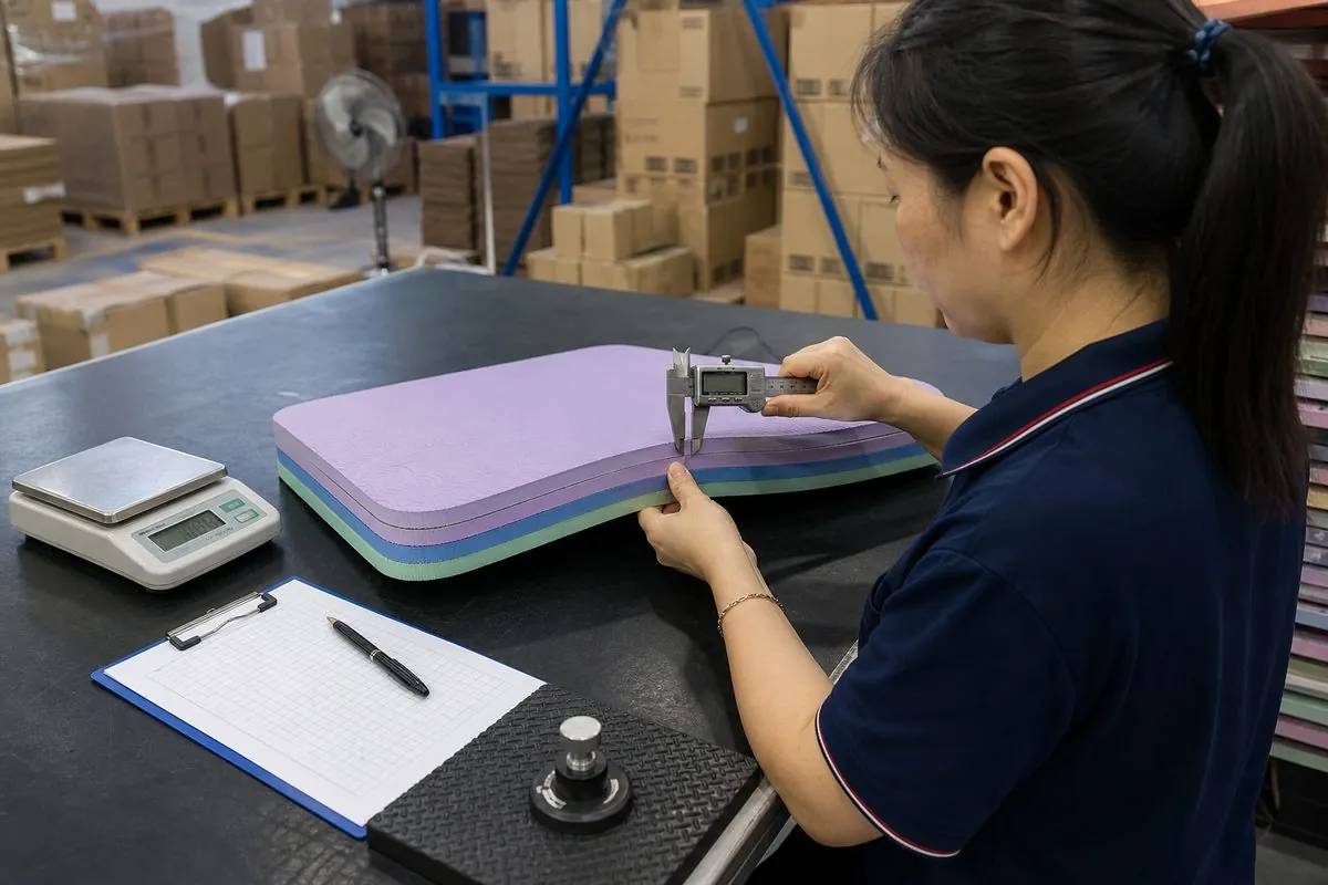 Quality inspector measuring yoga mat thickness, density, and surface grip on export QC samples