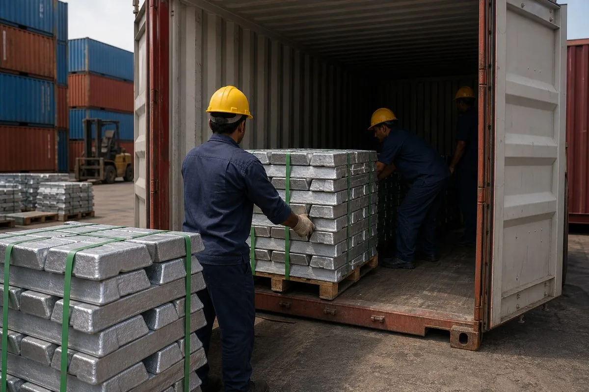 Workers stuffing palletized zinc ingot bundles into a shipping container for FCL zinc metal export from India