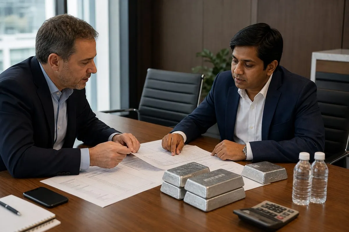 International zinc buyer and Indian merchant exporter reviewing mill test certificates with zinc ingot samples