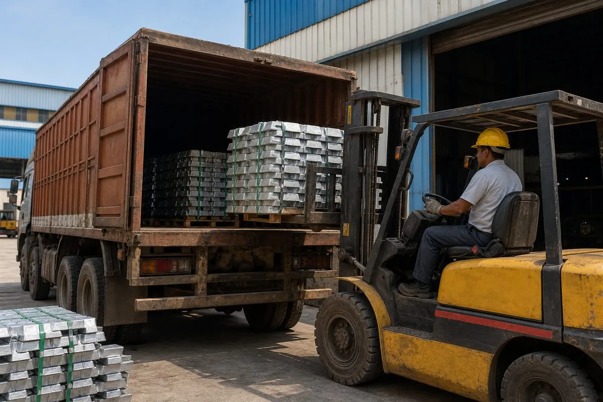Forklift loading palletized zinc ingot bundles onto a truck for inland haul to an Indian export port