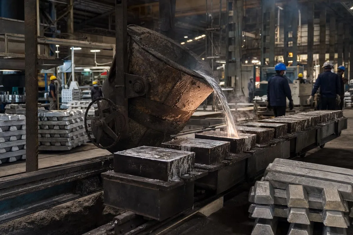 Molten zinc poured into cast molds on an Indian smelter casting line producing unwrought zinc ingots