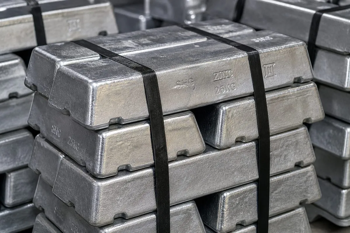 Close-up of Special High Grade SHG zinc metal ingots stamped 25KG and strapped for Indian export