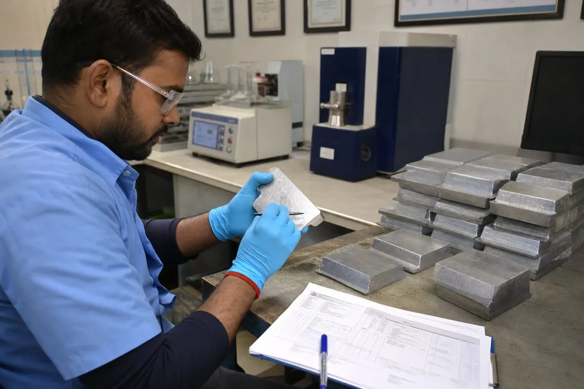Quality inspector reviewing Mill Test Certificate chemistry beside Special High Grade zinc ingot samples for export assay