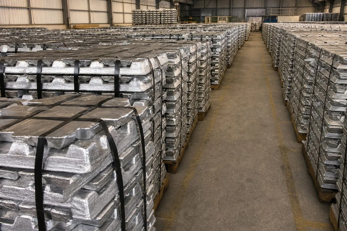 Palletized strapped zinc ingot bundles staged in a dry Indian export warehouse aisle before port loading
