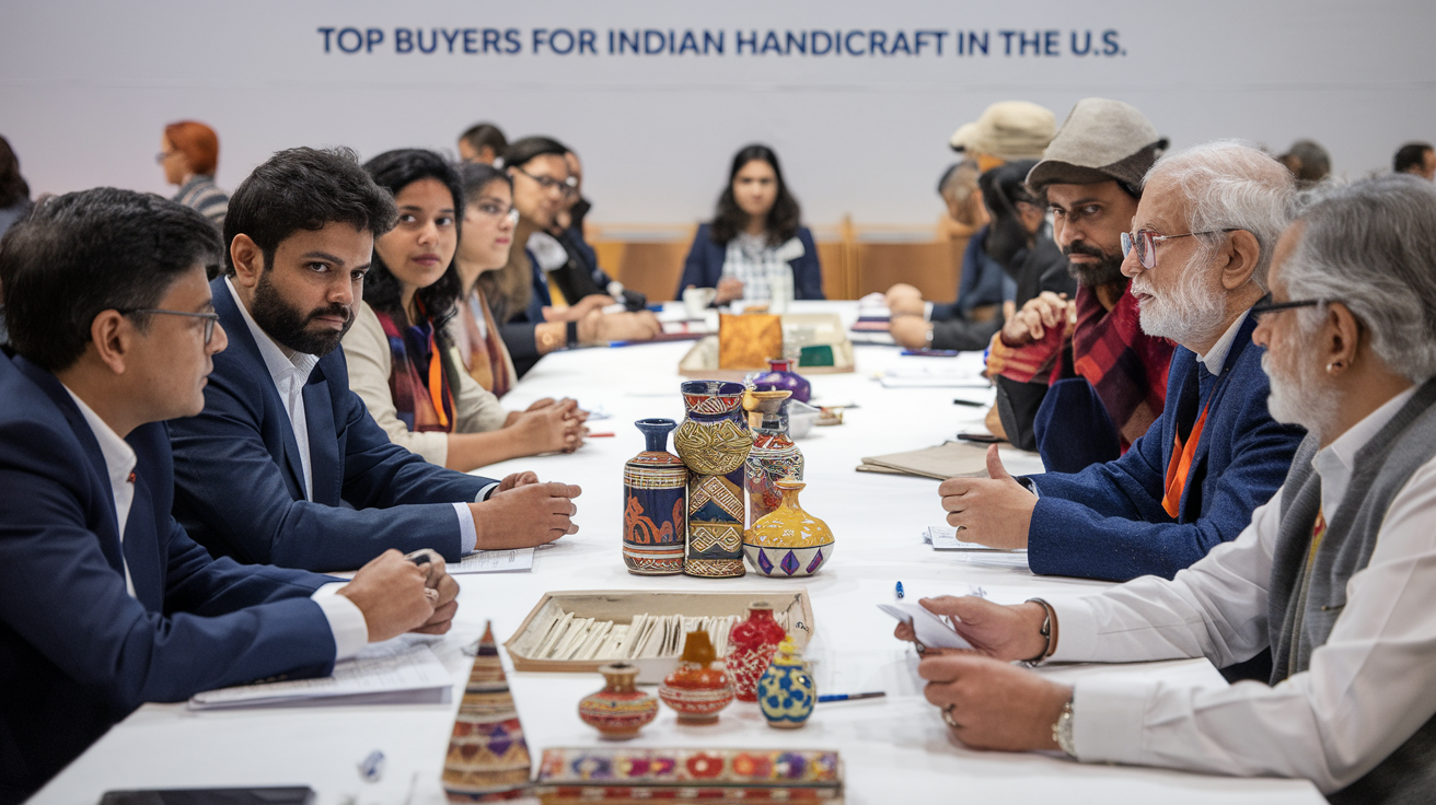 Generate a clean image for "Top Buyers for Indian Handicraft in the U.S.". Write "Top Buyers for Indian Handicraft in the U.S." It should be clean and clear. May use photos. Aspect ratio: 16:9 This is going to be a title image for the blog "Top Buyers for Indian Handicraft in the U.S."